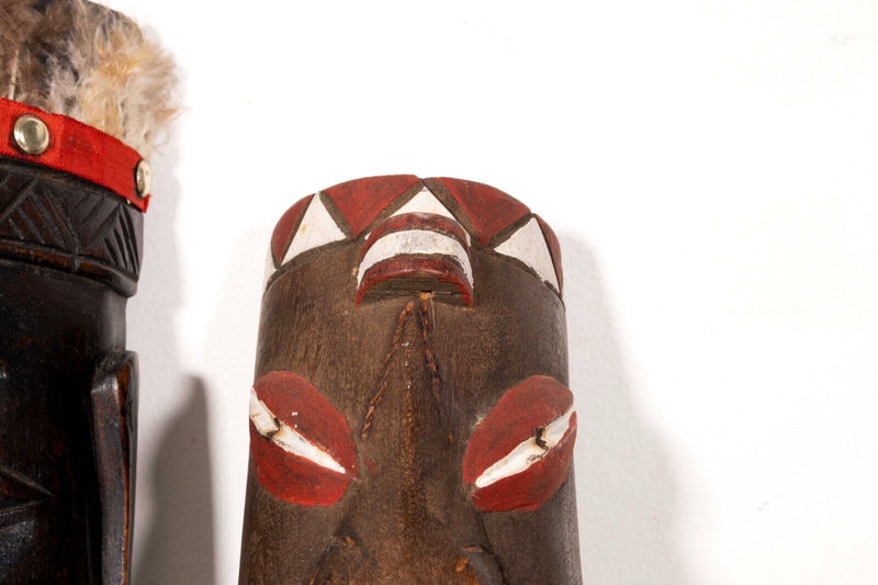 Pair of Vintage African Tribal Hand Carved & Painted Wooden Mask with Feathers