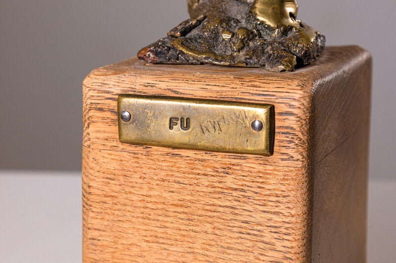 Fu Vintage Bronze Abstract Sculpture on Wood Base