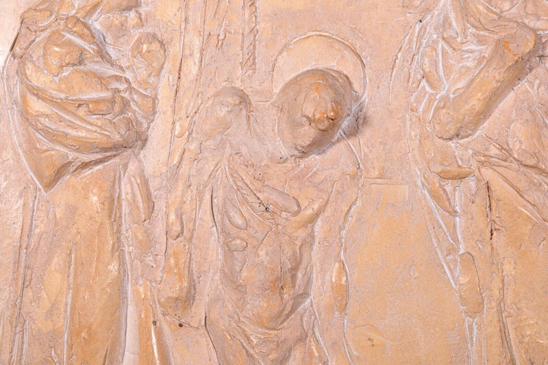 Sergio de Giusti Signed Bas Relief Figurative Religious Ceramic Sculpture 1985