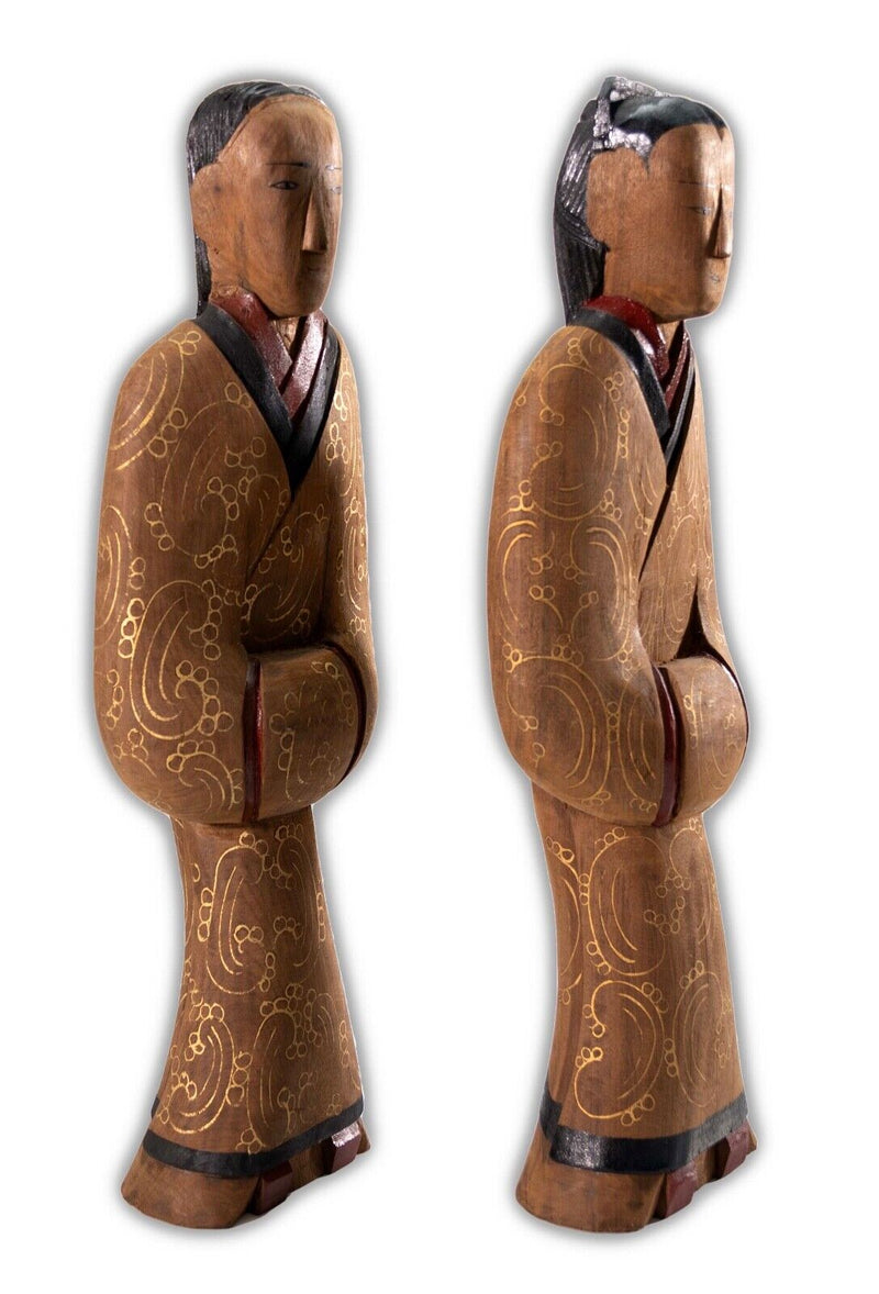 Pair of Vintage Chinese Wood Hand Painted Lacquer Figurine Sculptures Shanghai