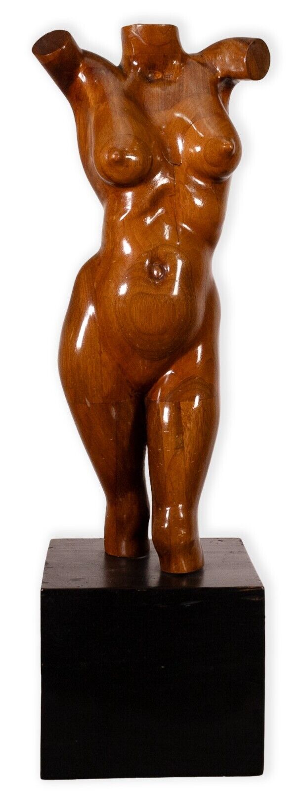 Mid Century Modern Carved Wood Female Figure Bust Sculpture on Black Base