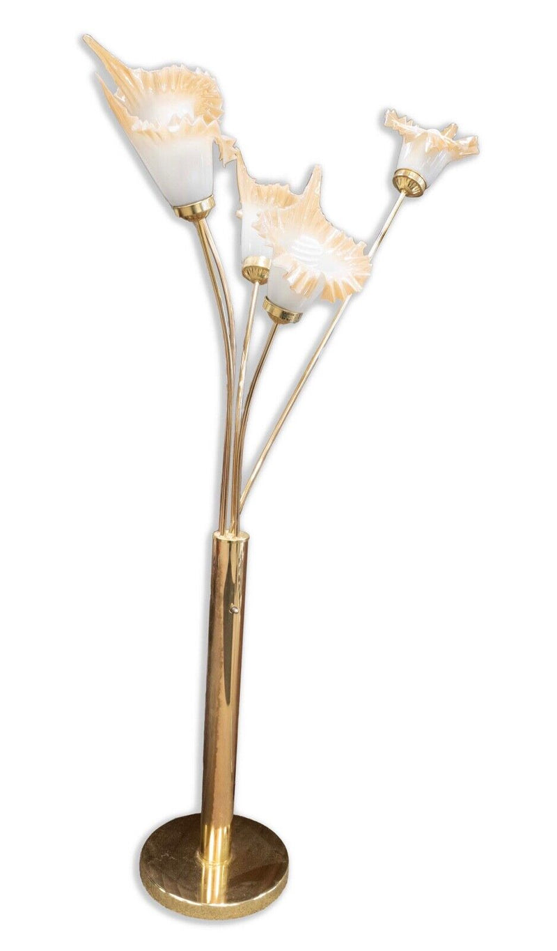 Art Deco Style Blown Glass Calla Lily Brass Large Floor Lamp