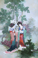 Hua Sanchuan Viewing Flowers Contemporary Figurative Asian Acrylic Painting on C