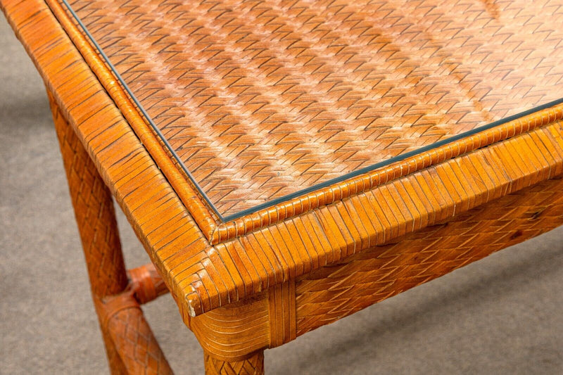 Leather Basket Weave Glass Top Foyer Console Table Attributed to McGuire