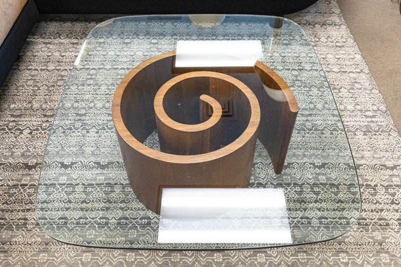 Vladimir Kagan "Snail" Walnut and Glass Mid Century Modern Coffee Table