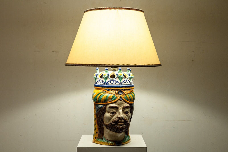 Pair of Italian Caltagirone Painted Ceramic King and Queen Head Table Lamps