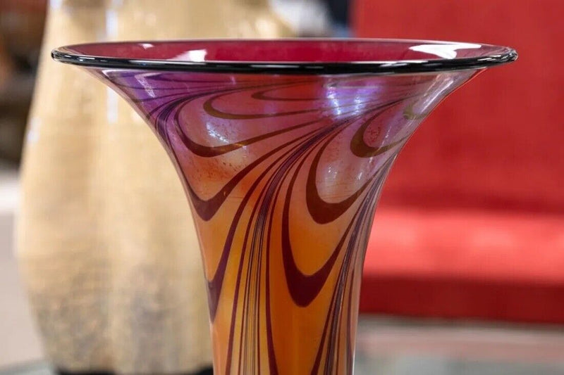 Rick Strini Signed Modern Contemporary Orange Red and Black Blown Glass Vase '92