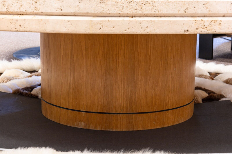 Tobocman Contemporary Modern Round Travertine and Wood Coffee Cocktail Table