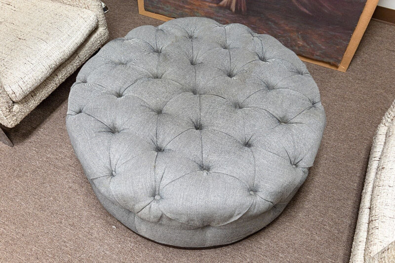 Large Custom Made Contemporary Modern Round Gray Tufted Ottoman on Wood Base