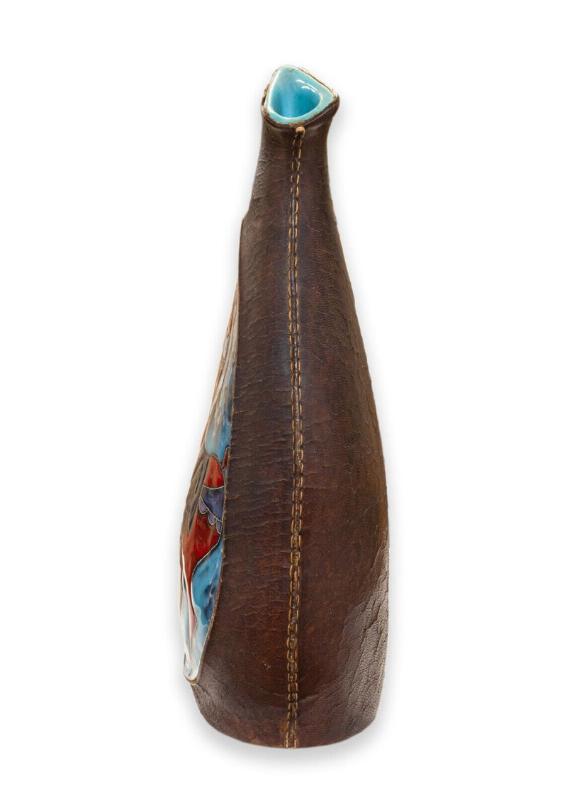 Marcello Fantoni Leather Ceramic Vase with Horse Design Vintage Italian MCM