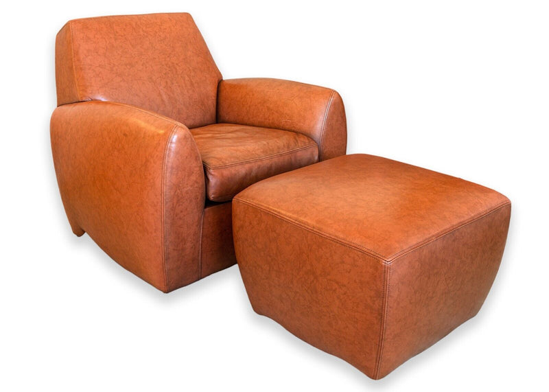 Dakota Jackson Ke-Zu 1980s Leather Club Accent Armchair and Matching Ottoman