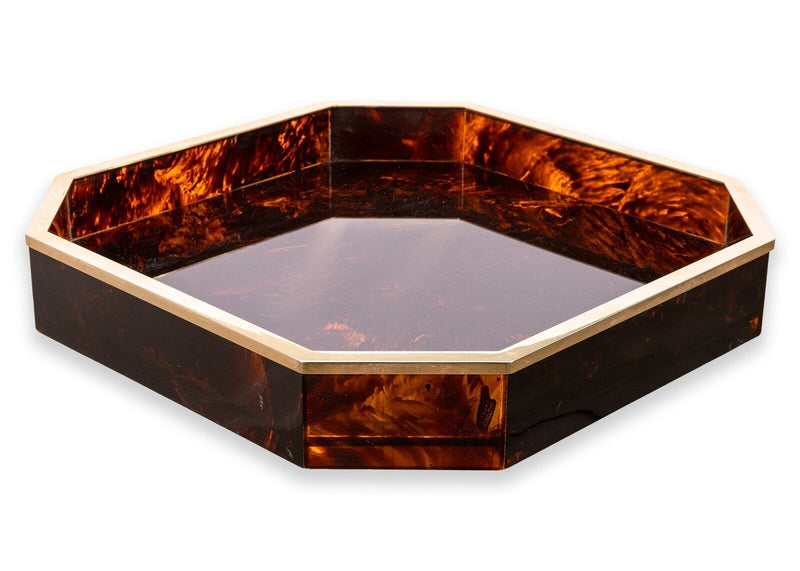 Taitu 1970s Italian Faux Tortoiseshell Lucite and Brass Serving Tray Centerpiece