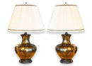 Pair of Large Bronze Mid Century Modern Table Lamps with White Pleated Shades