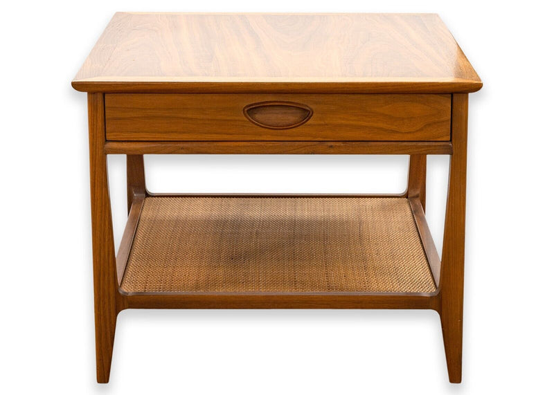 Robinson Furniture Mid Century Modern Walnut Wood and Rattan Side End Table