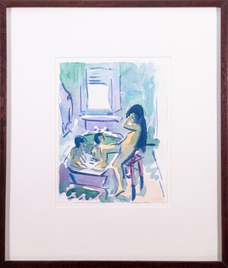 Don Wynn Woman with Children Bathing Signed Modernist Realism Watercolor Framed