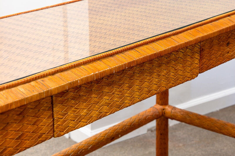 Leather Basket Weave Glass Top Foyer Console Table Attributed to McGuire