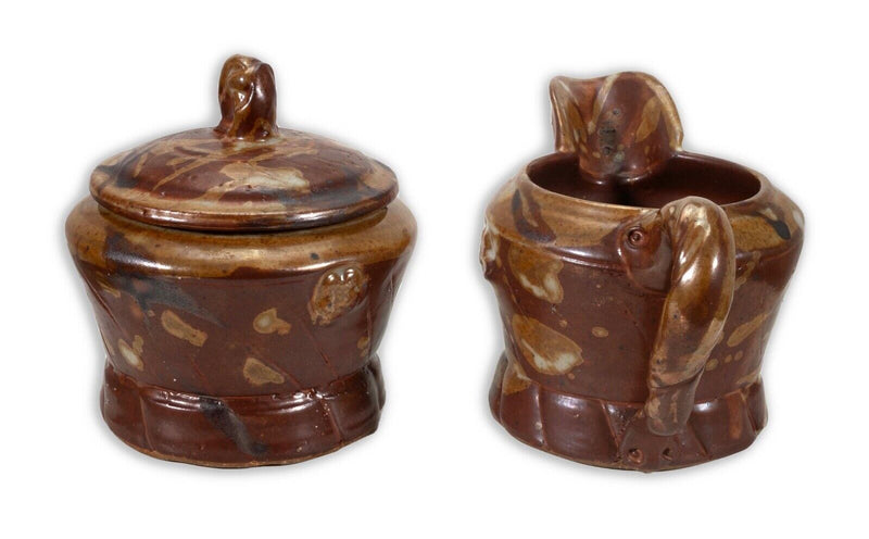 John Glick Ceramic Stoneware Sugar and Creamer Holder Stamped Plum Tree Pottery