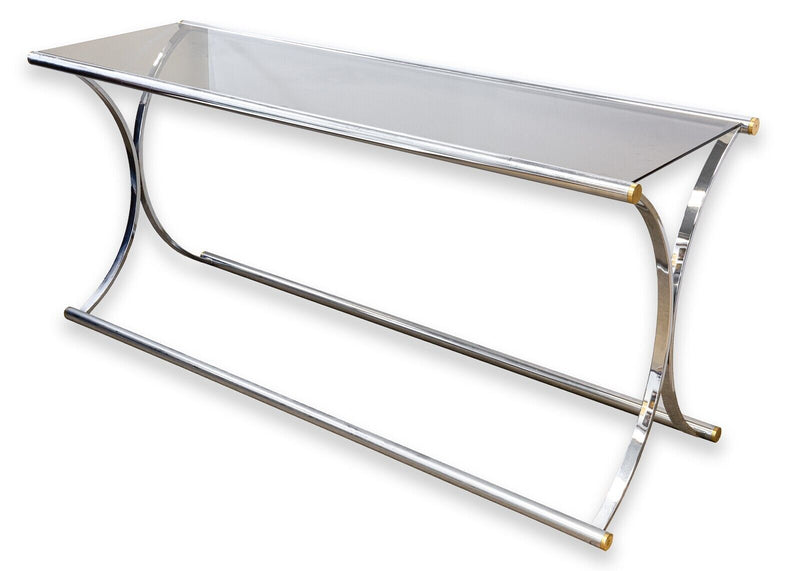 Maison Jansen Style Chrome Smoked Glass Contemporary Modern Console Sofa Table