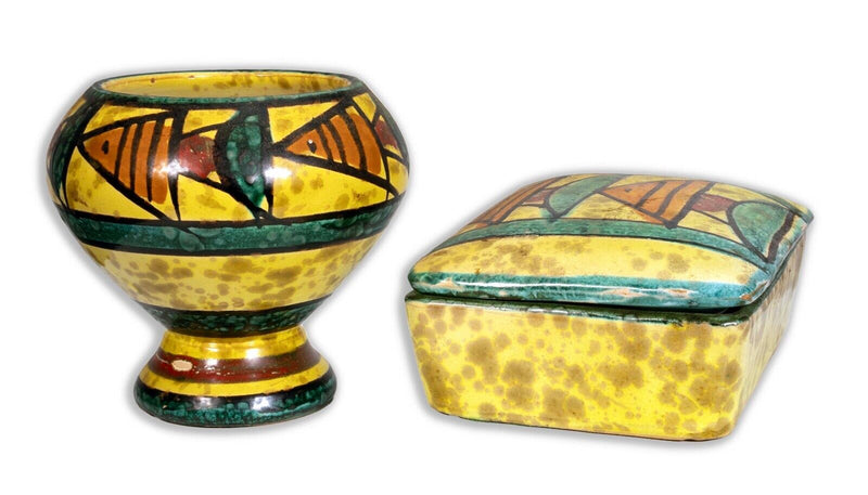 Bitossi Ceramic Trinket Box and Vase with Abstract Fish Pattern Made in Italy