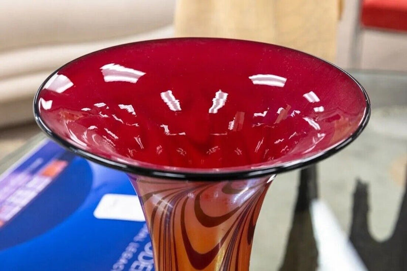 Rick Strini Signed Modern Contemporary Orange Red and Black Blown Glass Vase '92