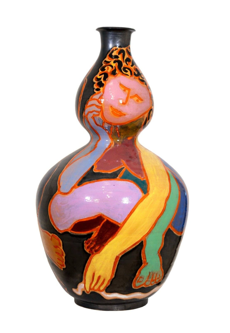 Mattie Leeds Signed Postmodern Ceramic Vessel with Figurative Hand Painted Desig