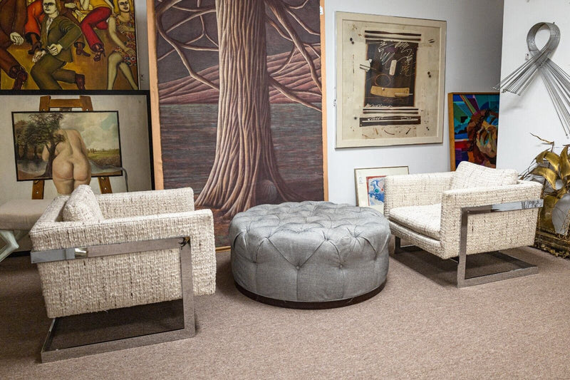 Large Custom Made Contemporary Modern Round Gray Tufted Ottoman on Wood Base