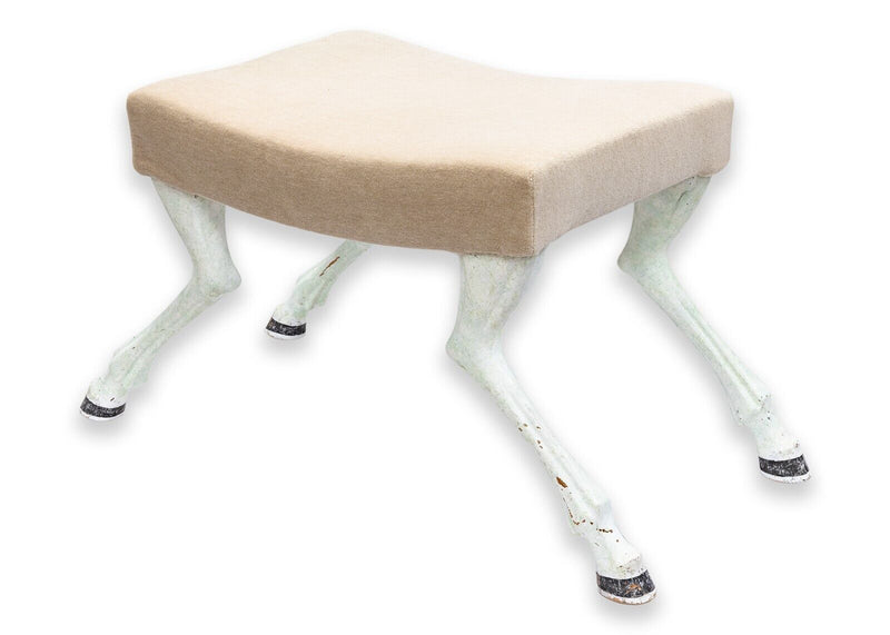 Pair of Contemporary Modern Beige Fabric Painted Goat Leg Bench Stool Ottomans