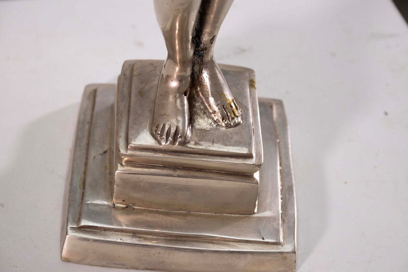 Art Deco Nude Female Figure with Leaf Antique Cast Metal Chrome Sculpture