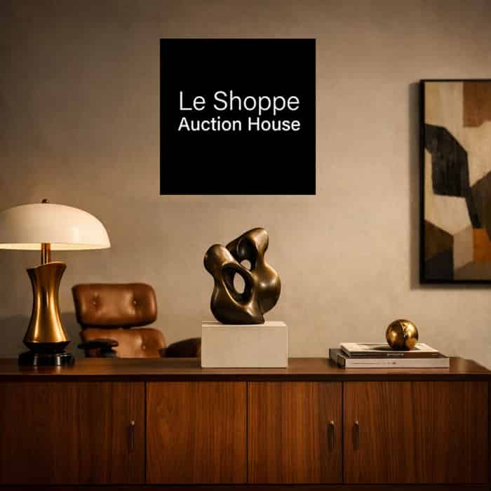 Decorative interior setting with a sculpture, lamp, and painting on a wall above a cabinet. The words Le Shoppe Auction House on the wall