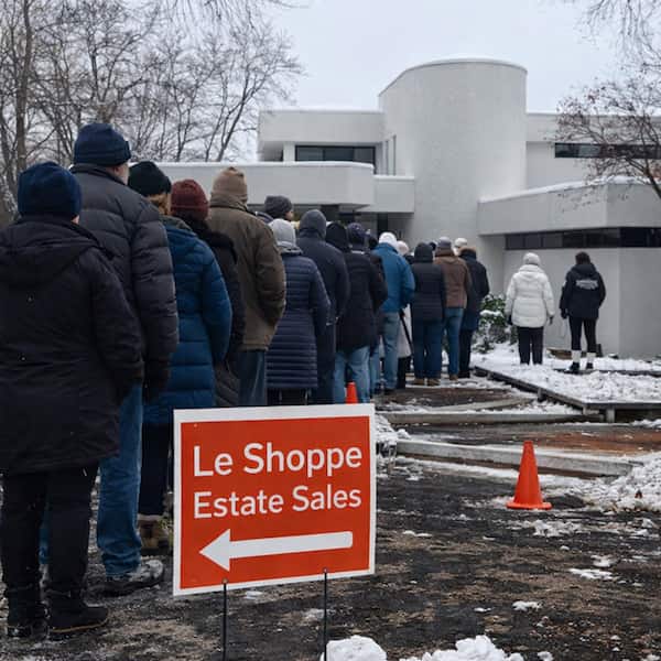 People standing in line outside a building with a 'Le Shoppe Estate Sales' sign in the snow.