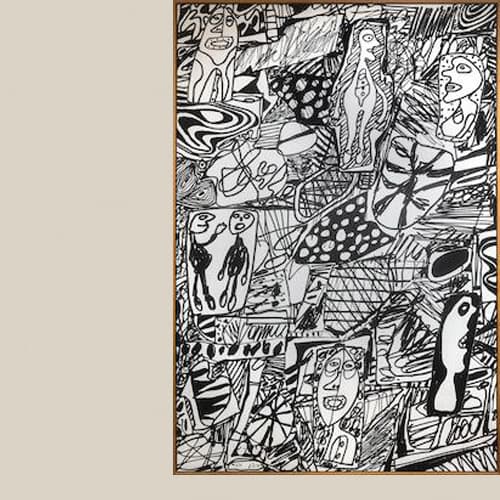 Abstract black and white artwork on a beige background