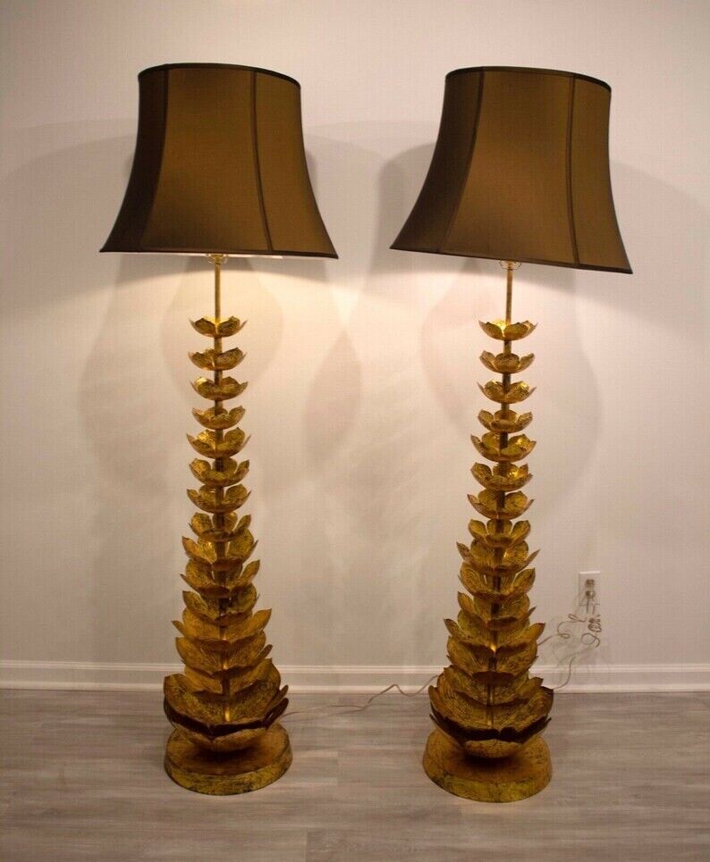 Pair Jamie Young Gold Flowering Large Lotus Floor Lamps