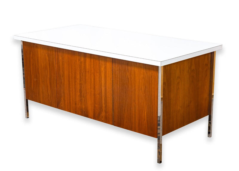 Knoll Walnut Mid Century Modern Double Pedestal Desk with White Laminate Top
