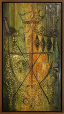 Van Hoople Family Crest Mid Century Modern Textured Painting on Board Framed