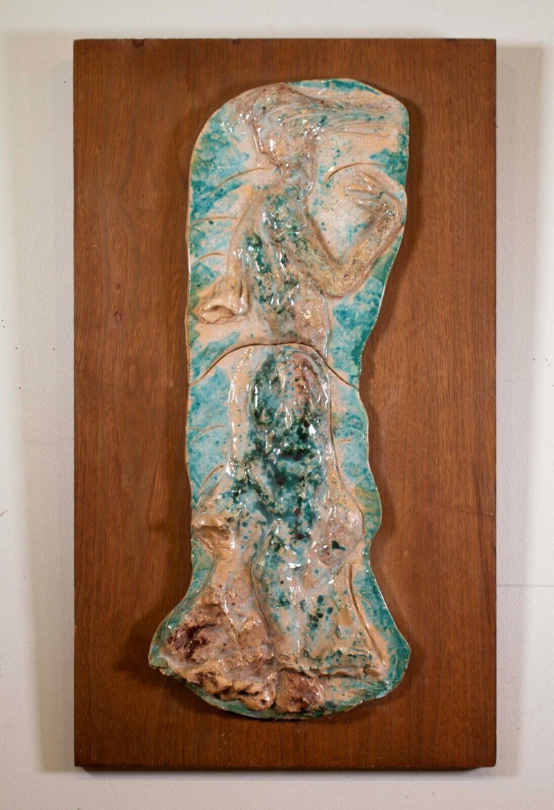 Emil Weddige Modernist Female Form Painted Ceramic Relief Sculpture on Board '60