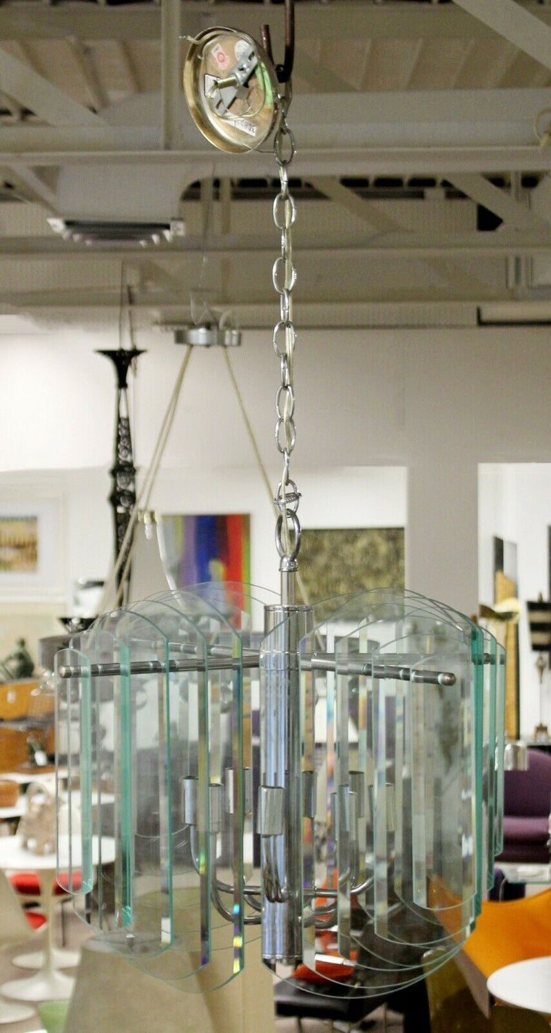 Contemporary Tiered Glass & Chrome Chandelier by Luminaire 80s
