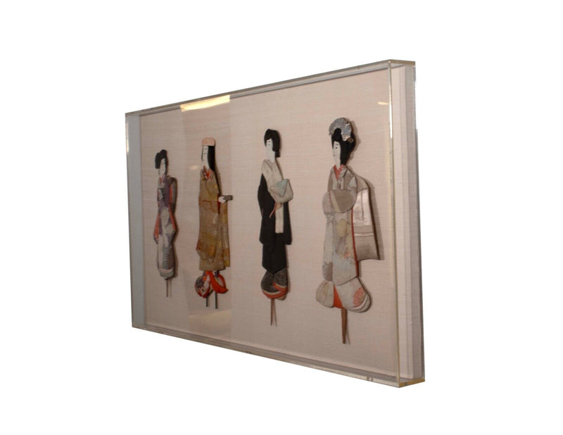 Antique Japanese Silk Brocade Oshie Art Geisha Puppet Dolls in Shadow Box Frame