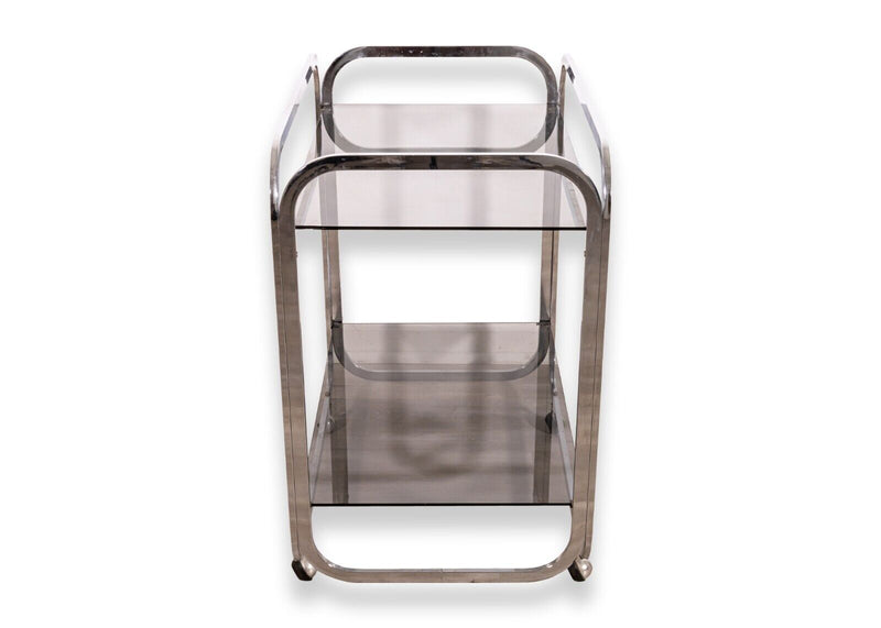 Contemporary Modern Two Tier Smoked Glass and Chrome Rolling Bar Cart