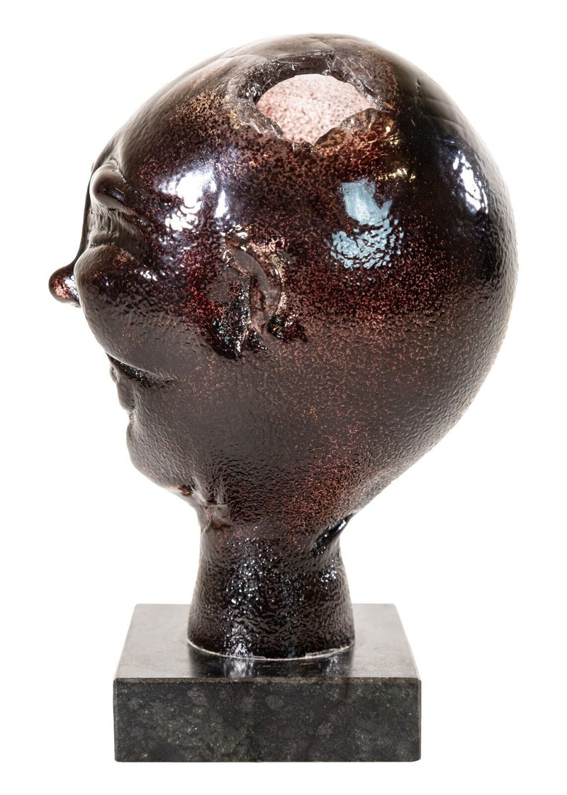 Vintage Abstract Small Glass Head Sculpture on Stone Base Mid Century Modern