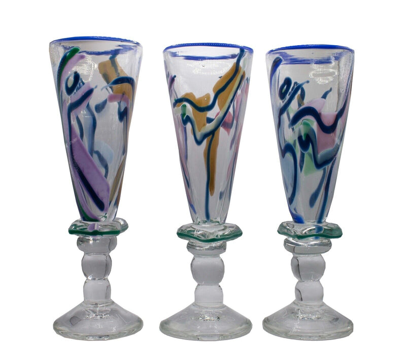 Contemporary Postmodern Set of 3 Swirled Design Studio Art Glass Goblets Signed