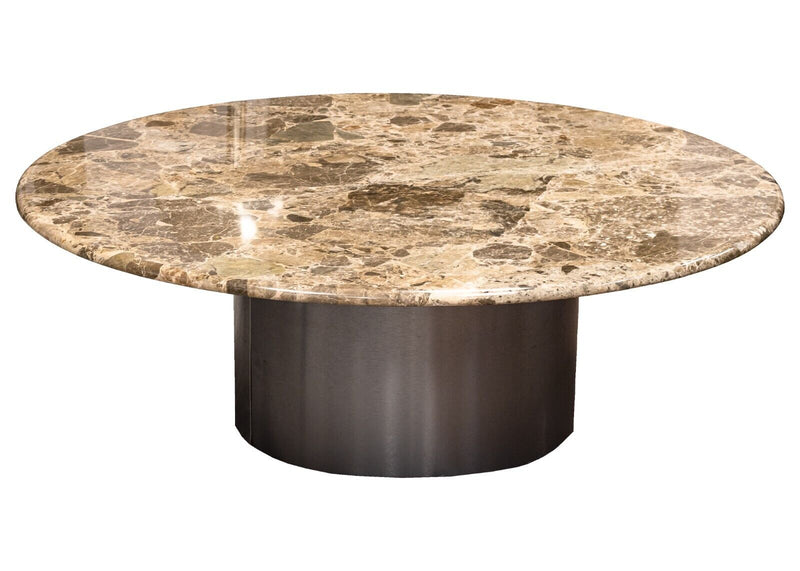 Contemporary Modern Round Marble Coffee Table With A Metal Cylinder Base