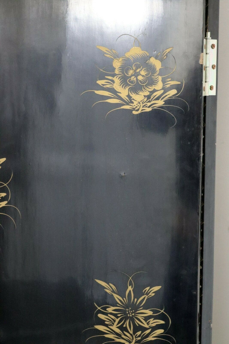 Vintage  Asian Black Jade Motif 6 Panel Room Divider Screen 1960s