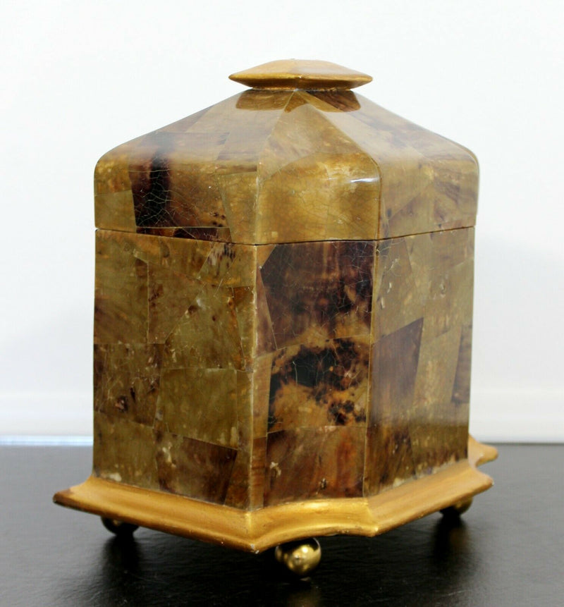 Mid Century Modern Maitland Smith Tessellated Stone Gilt Lidded Box Vessel 1970s