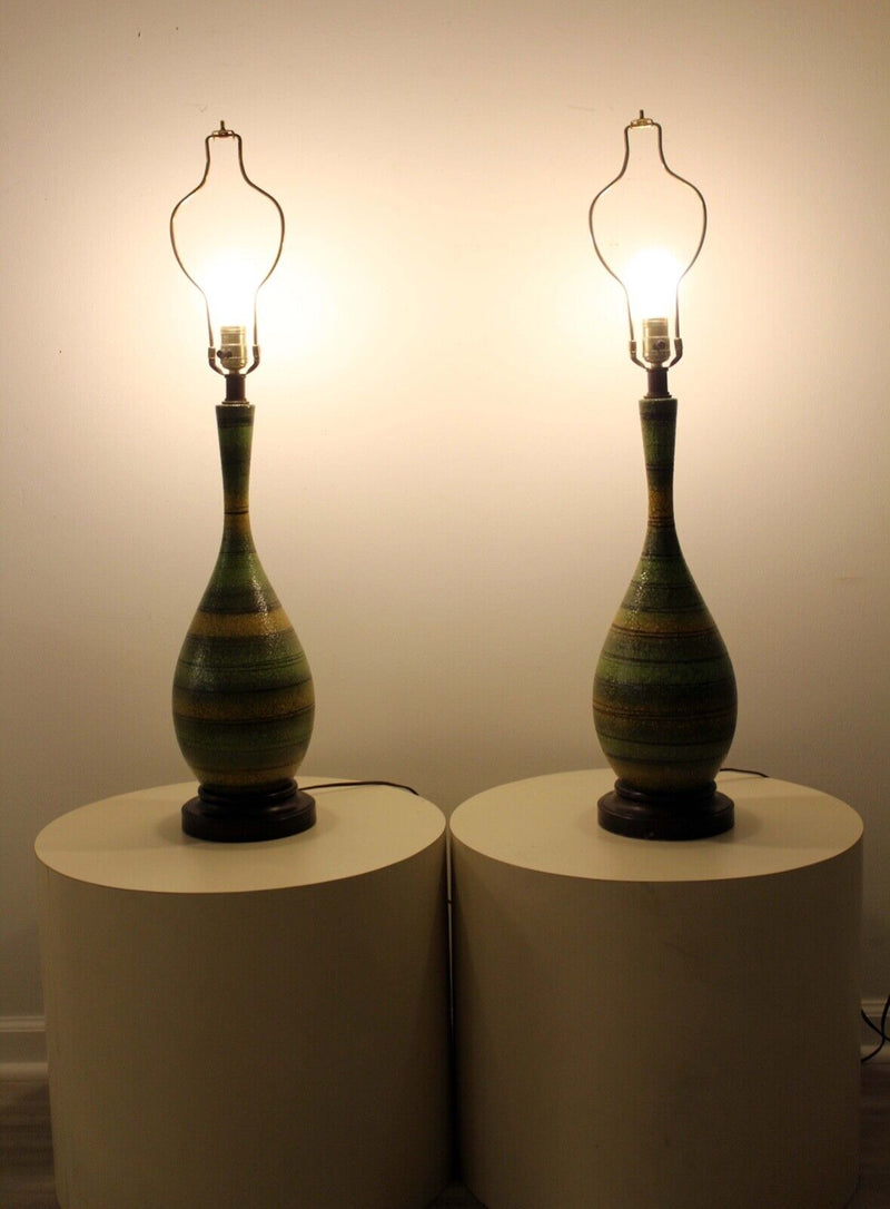 Pair of Mid Century Modern Green Striped Ceramic Lamps
