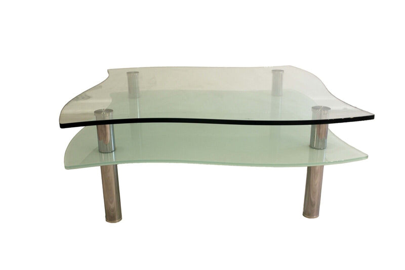 Contemporary Italian Glass and Polished Chrome 2 Tier Sculptural Coffee Table