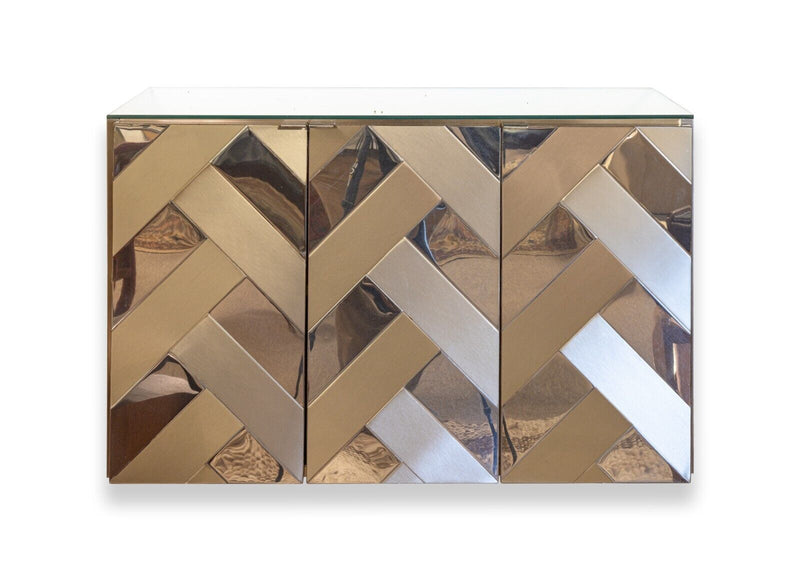 Contemporary Modern Pair of Ello Chevron Mirrored Wall Mounted Cabinets