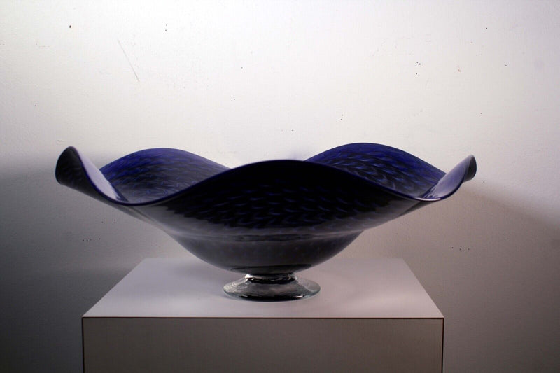 Contemporary Modern Ron Mynatt Cobalt Fluted Signed Art Glass Bowl