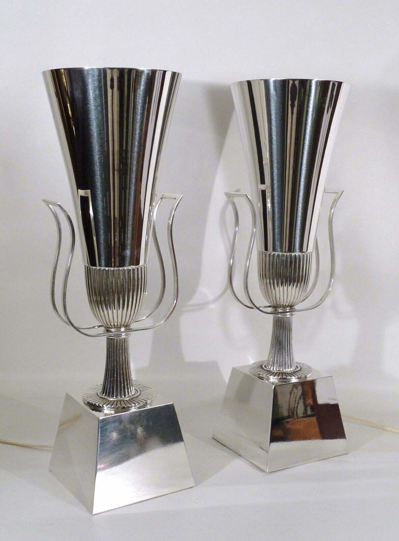 Mid Century Pair of Tommi Parzinger  Lightolier Silver Plated Torchiere Lamps