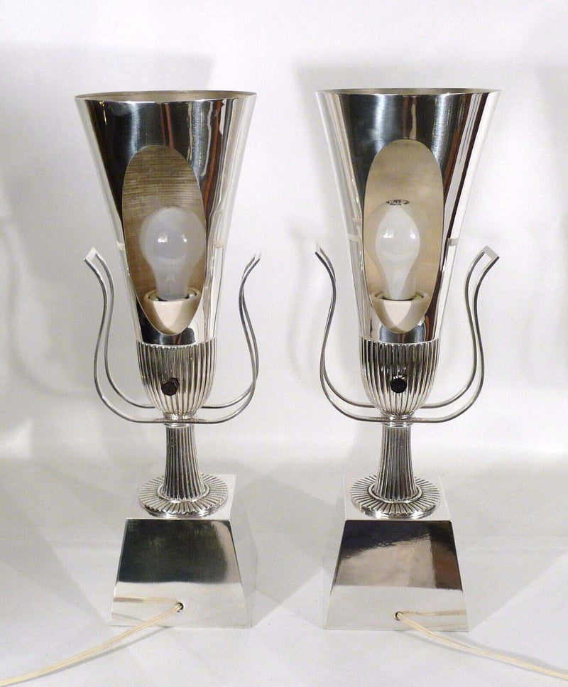 Mid Century Pair of Tommi Parzinger  Lightolier Silver Plated Torchiere Lamps