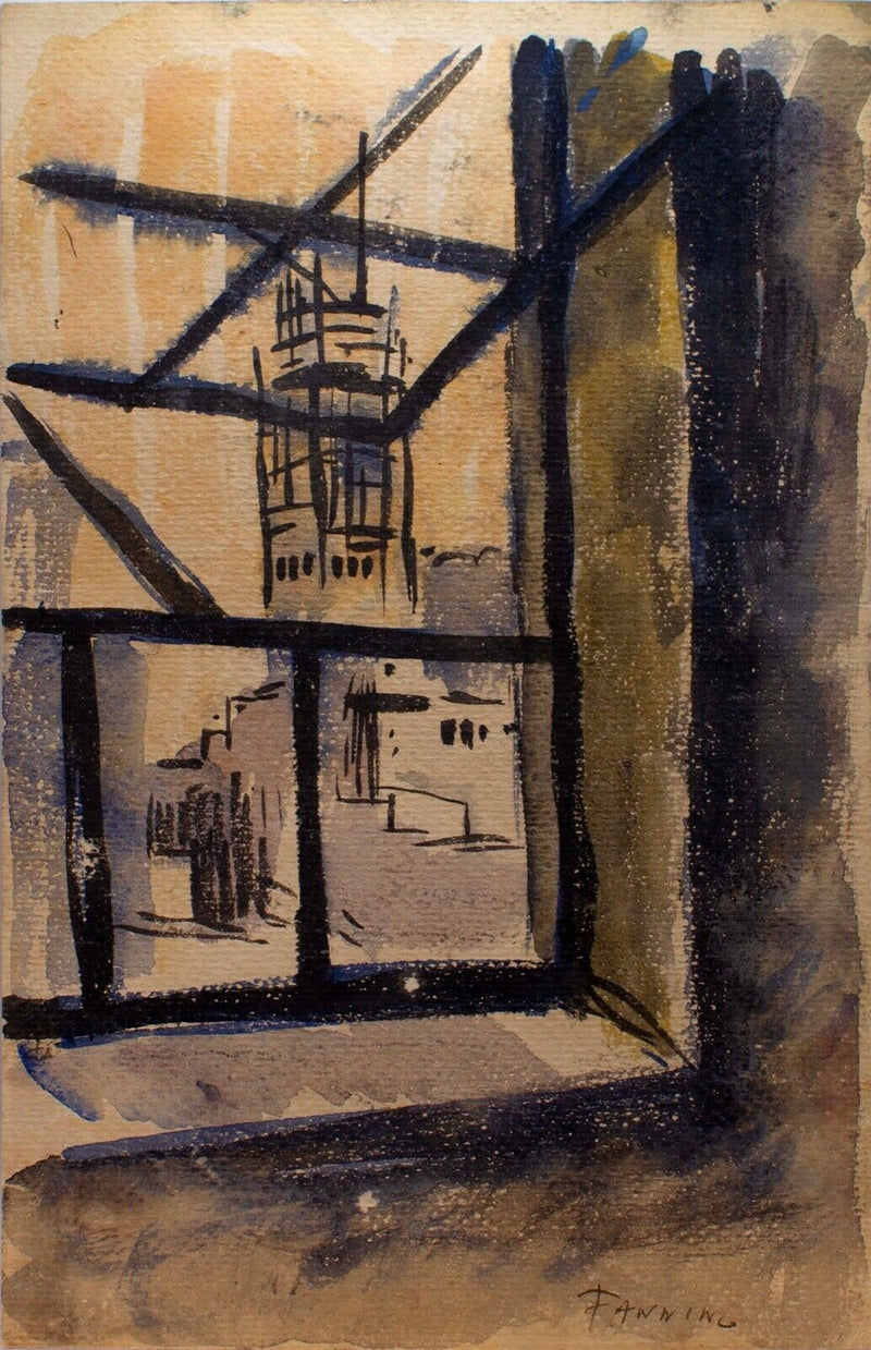 William S. Fanning Signed Architecture Through Window Modern Vintage Watercolor